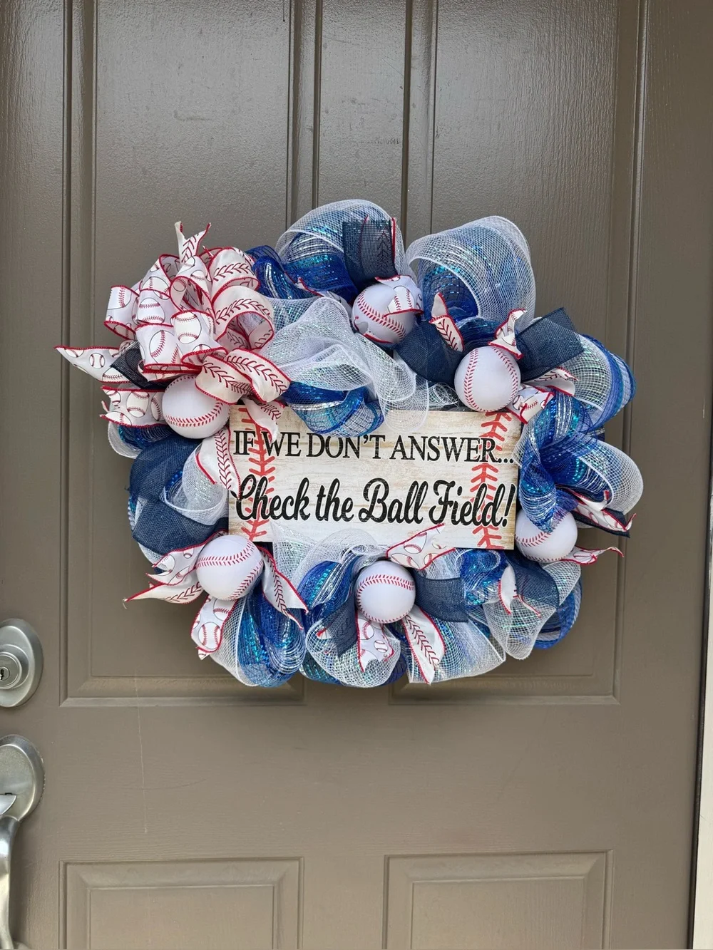 Baseball Door Wreath - Blue, White & Red Home Holiday Decor